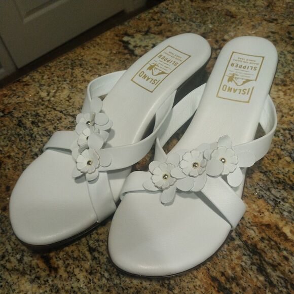 Island Slipper Women's White Leather Flower Slide Wedge Size 11 Sandals - Picture 3 of 11